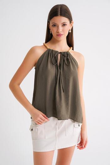 Mixray 4664 Women's Beaded Strap Blouse Khaki