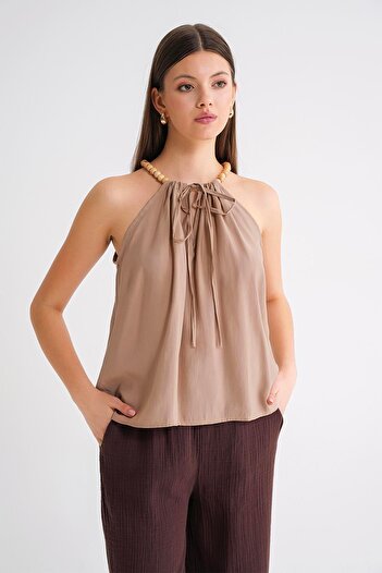Mixray 4664 Women's Beaded Strap Blouse Soil