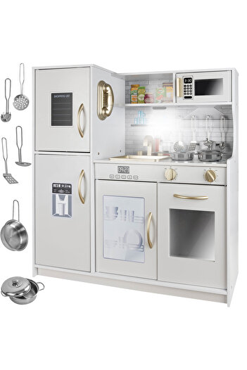 Smart Vibe Set Bucătărie Lemn Copii Kindervibe, Led, Sunete, Cuptor, Microunde, Chiuvetă, 80.5cm, Alb/auriu