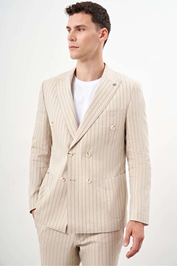 Morven Erkek Bej Keten Trend Kruvaze Slim Fit Sivri Yaka Takım Elbise