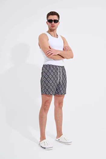 Machinist Geometric Lines Printed - Men's Black Swim Shorts