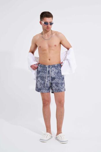 Machinist Navy Blue Men's Swim Shorts - Antique Flowers Printed