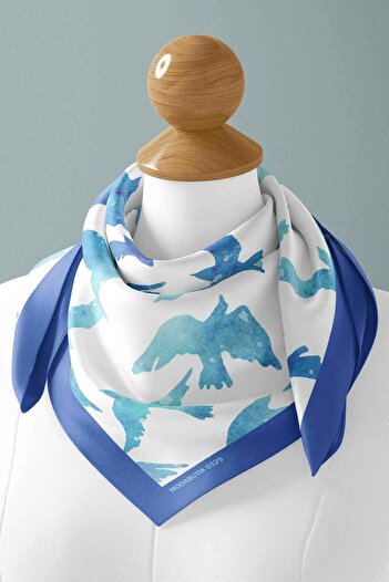 Modabutik Kadın Kuş Desenli Bandana 50x50 Mavi Dg0329-22