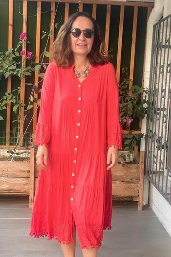 Zer Otantik Lace Detailed Pompom Plus Size Dress Mercan2