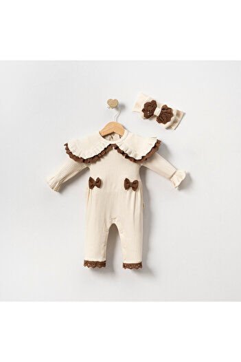 COLORFULLCLİPS Cream Bow Jumpsuit Bandana Set-3-6 Months