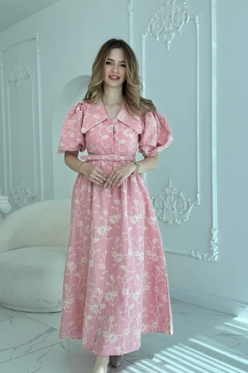 HELİS BUTİK Pointed Baby Collar Balloon Sleeve Pink Brode Dress