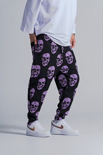 FıttingRoom Baggy Trousers with Elastic Waist and Skull Pattern