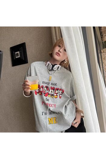 Unique Unisex Kadın Erkek Mickey Mous Özel Baskılı Oversize Pamuk Penye T-shirt GRİ
