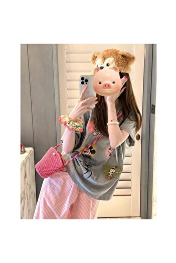 Unique Unisex Kadın Erkek Mickey Mous Özel Baskılı Oversize Pamuk Penye T-shirt GRİ