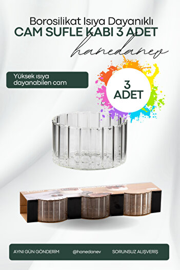 Hanedanev 3 Adet Borosilikat Cam Kase Çizgili Sufle Kabı Magnolya Çerezlik Kasesi 220 ML 8x5 Cm KS001