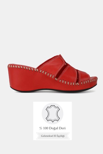 TUNAELLİ Women's Red Khaki Natural Leather 35-41 Number Wedge Heel Slippers