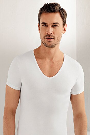 Şahinler Men's Short Sleeve Wide V-Neck Lycra 6-Piece Undershirt