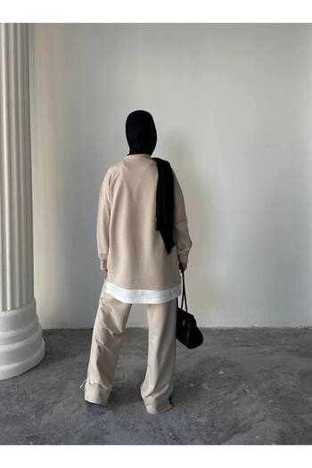 02Lady Fashion Σετ φόρμας με δύο κλωστές με γαρνιρισμένο ριγέ και λεπτομέρεια με σχισμή