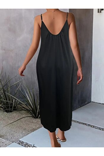 buğrahayalin Women's wide v-neck viscose dress with rope straps
