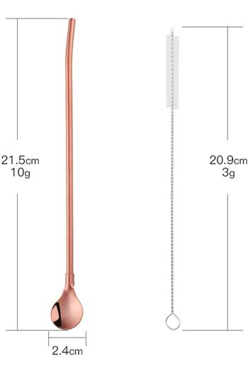 Elista Latte Spoon with Straw 6 Pieces Bronze Color Cocktail Spoon and Cleaning Brush, 22 cm