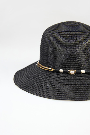 Fulla Moda Leather Detailed Beaded Straw Hat