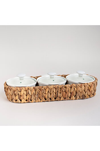LA MESA Porcelain 3Pcs Round Casseroles With Lid And Rattan Basket