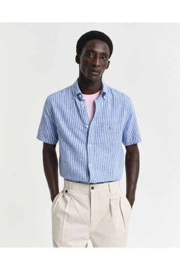 Gant Regular Fit Striped Cotton Linen Short Sleeve Shirt