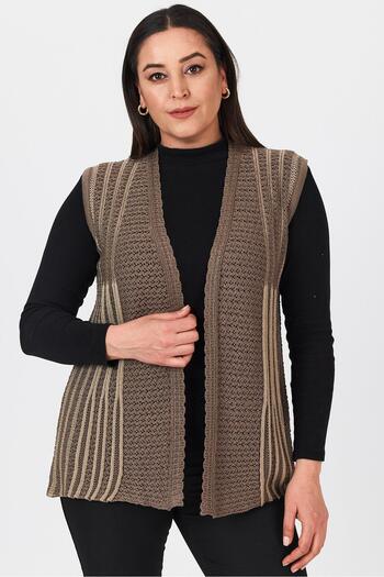 Uludağ Triko Women's Brown Double Color Openwork Embroidered Seasonal Knitwear Mother Summer Vest