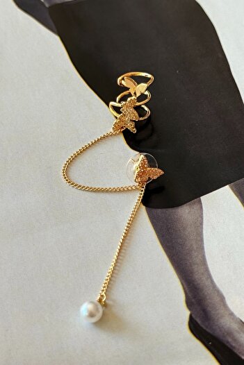 Trendy Butik Chain Dangle Butterfly Detail Cartilage Earrings