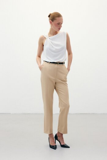 Sateen Kemerli Pantolon - Koyu Bej