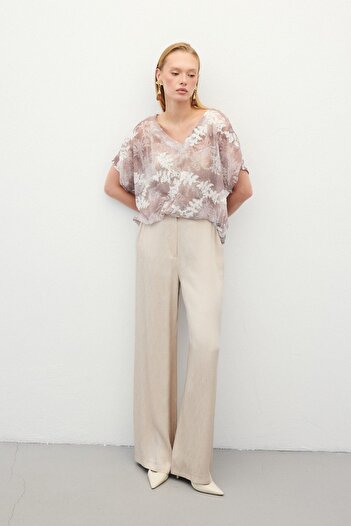 Sateen Embroidered Short Sleeve Blouse - Camel