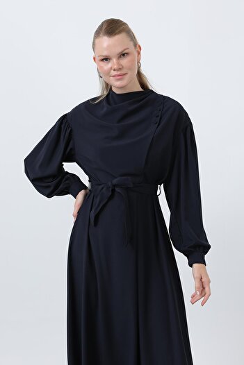 Puane Women's Waist Belted Satin Dress - 12608Elb - Black