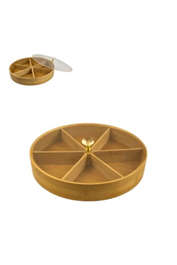 BALSA 25 Cm Yuvarlak 6 Bölmeli Akrilik Kapaklı Bambu Sunum Tepsisi BMB116