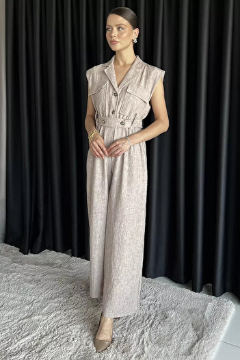 GÜLSELİ Beige Elastic Belted Linen Jumpsuit
