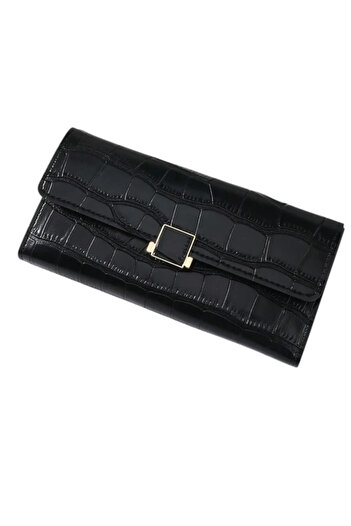 OEM Long trifold wallet for women, embossed crocodile design, PU leather, - Black