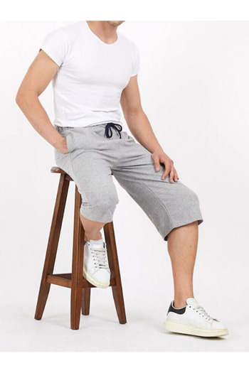DEEPSENCE Erkek Gri Diz Altı Uzun Penye Şort & Bermuda Kapri Yazlık Pamuklu Slim Fit Baskılı