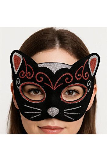 Skygo Velvet Textured Glitter Detailed Sparkly Cat Mask Red Silver 20X13 cm
