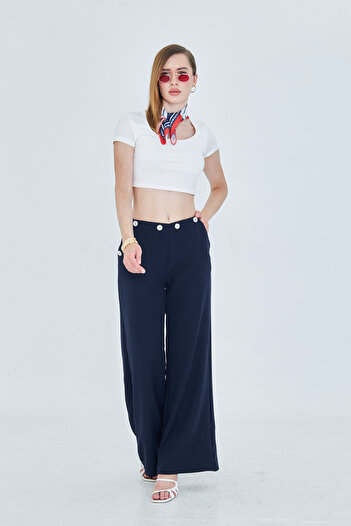 so much Women's Navy Blue High Waist Button Detailed Wide Leg Pants
