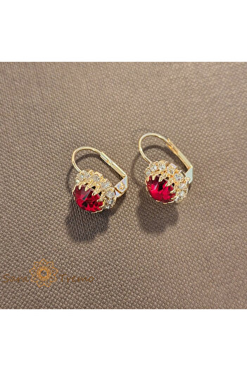 saratremo Classic Gold-Plated Earrings – Large Flower with Red Zirconia Crystal