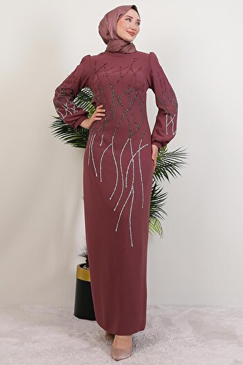 GİYZAMİLA Yase Stoned Dress Dusty Rose