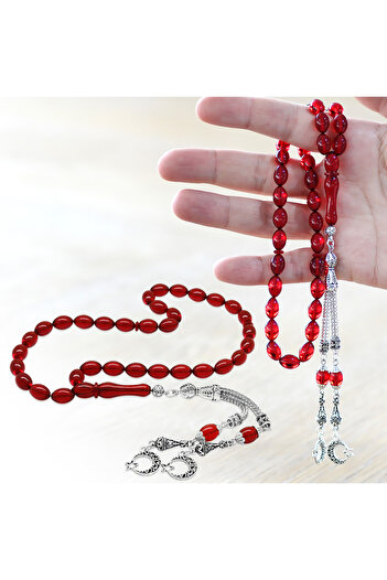 Tesbihane Non-Tarnish Metal Crescent Star Tasseled Barley Cut Flag Red Fire Amber Prayer Beads