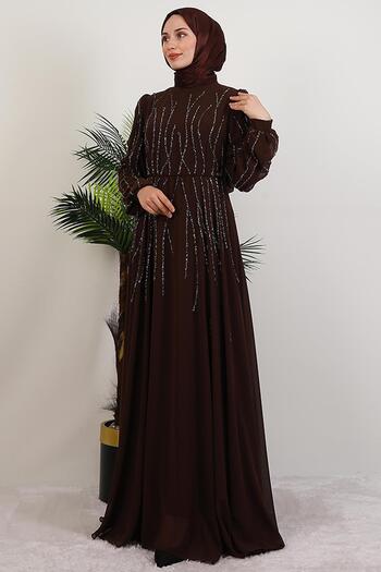 GİYZAMİLA Embroidered Chiffon Dress Bitter Brown