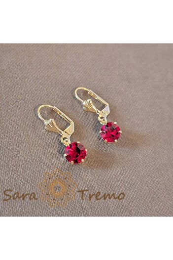saratremo Simple and Elegant Earrings with Red Zirconia Crystal, 2.5 cm