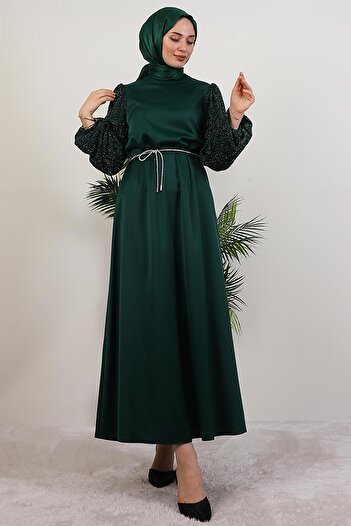 GİYZAMİLA Sleeve-Patterned Dress Emerald
