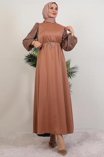 GİYZAMİLA Sleeve Patterned Dress Milk Coffee