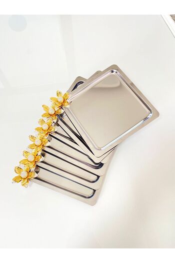 NEWTREND Züccaciye Luxury Lily Floral Stainless Steel Square 6-Piece Silver Coffee, Tea, Decorative Presentation Serving Tray