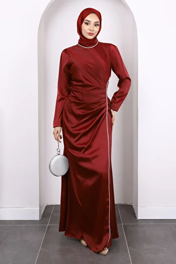 İmajButik Burgundy Satin Evening Dress with Draped Front and Stones