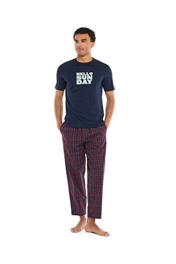 R&B أزرق داكن MNW- تيشيرت محبوك وبنطال منسوج - مقاس S-XXL