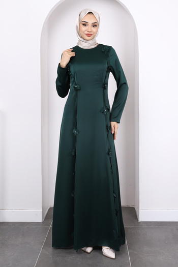 İmajButik Emerald Green Satin Evening Dress with Floral Detail