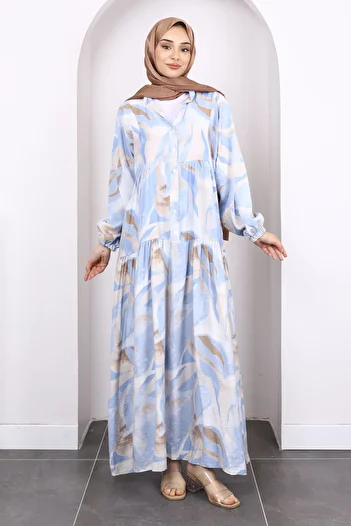İmajButik Baby Blue φόρεμα με μισό κουμπί με σχέδιο