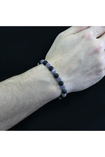Tesbihane Crescent and Star Patterned Onyx Metal Combination Sphere Cut Natural Stone Bracelet