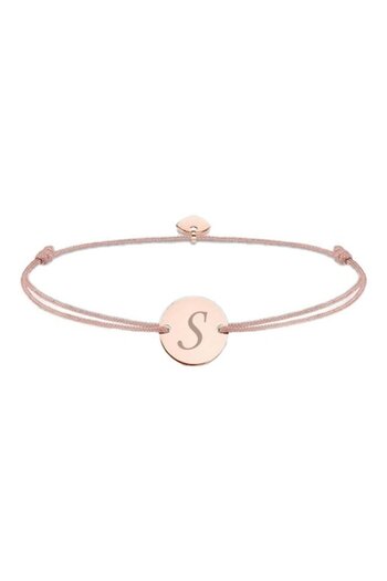 dalimag Adjustable Bracelet with Round Charm and Heart, Rose Gold, Letter S Engraving, Beige Cord