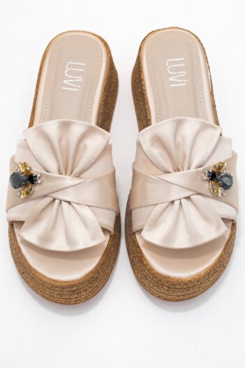 LuviShoes Shara Beige Satin Bow Bee Buckle Wedge Sole Women's Slippers