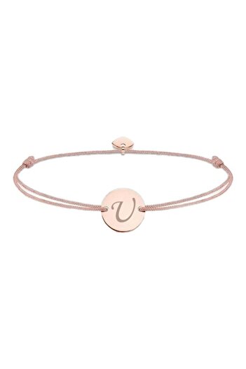 dalimag Adjustable Bracelet with Round Pendant and Heart, Rose Gold Color, Engraved Letter U, Beige String