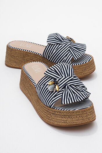 LuviShoes Shara Navy Blue White Striped Bow Bee Buckle Wedge Sole Women's Slippers